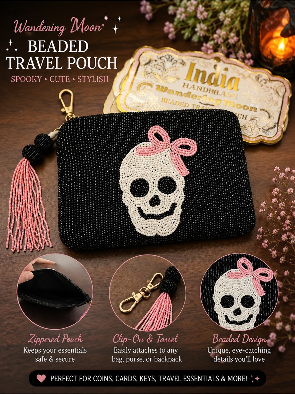 Wandering Moon Black Beaded Skull Cosmetic Pouch with Pink Bow